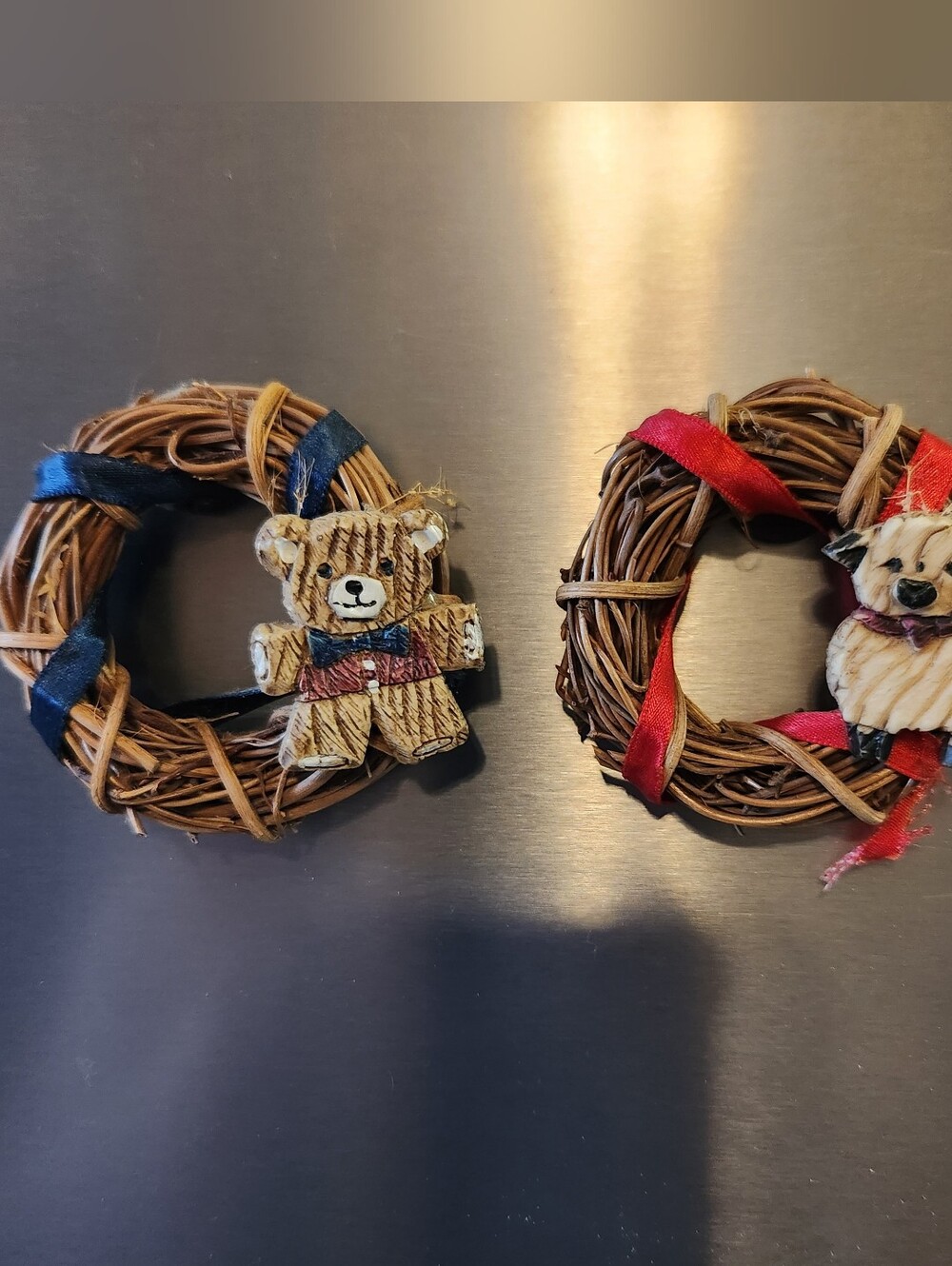 2 handmade wooden magnets featuring a sheep & Teddy Bear on a grapevine wreath.